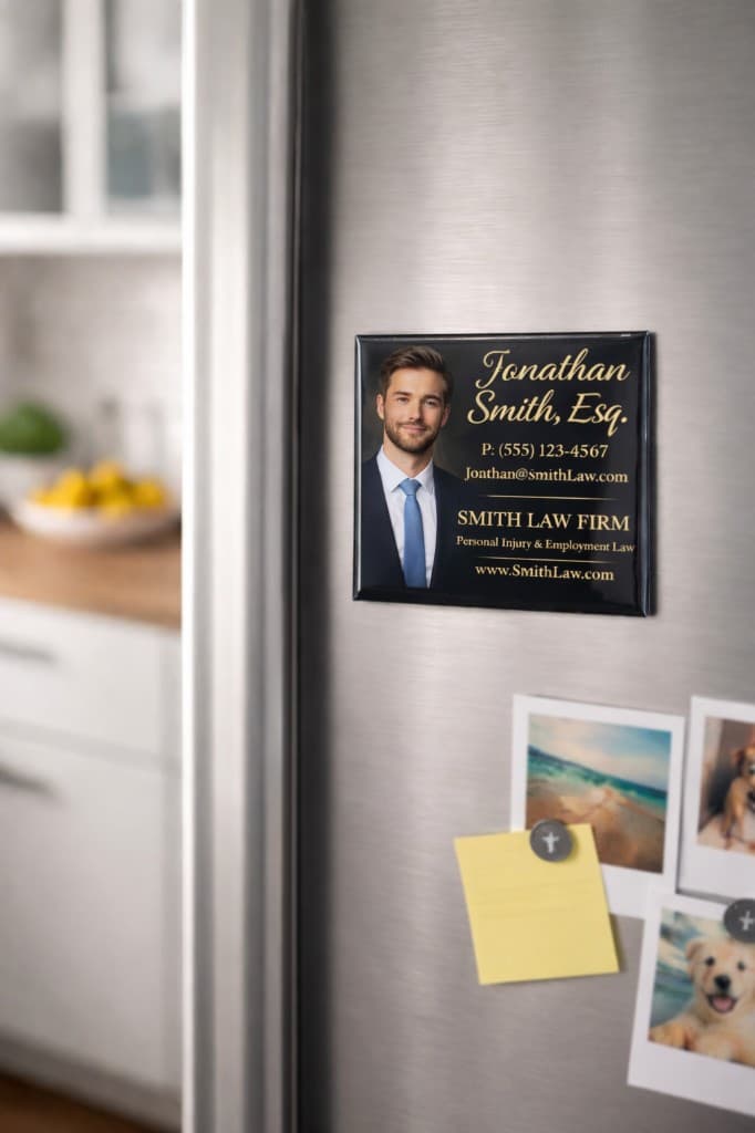Law firm business card magnet on a refrigerator with notes and photos