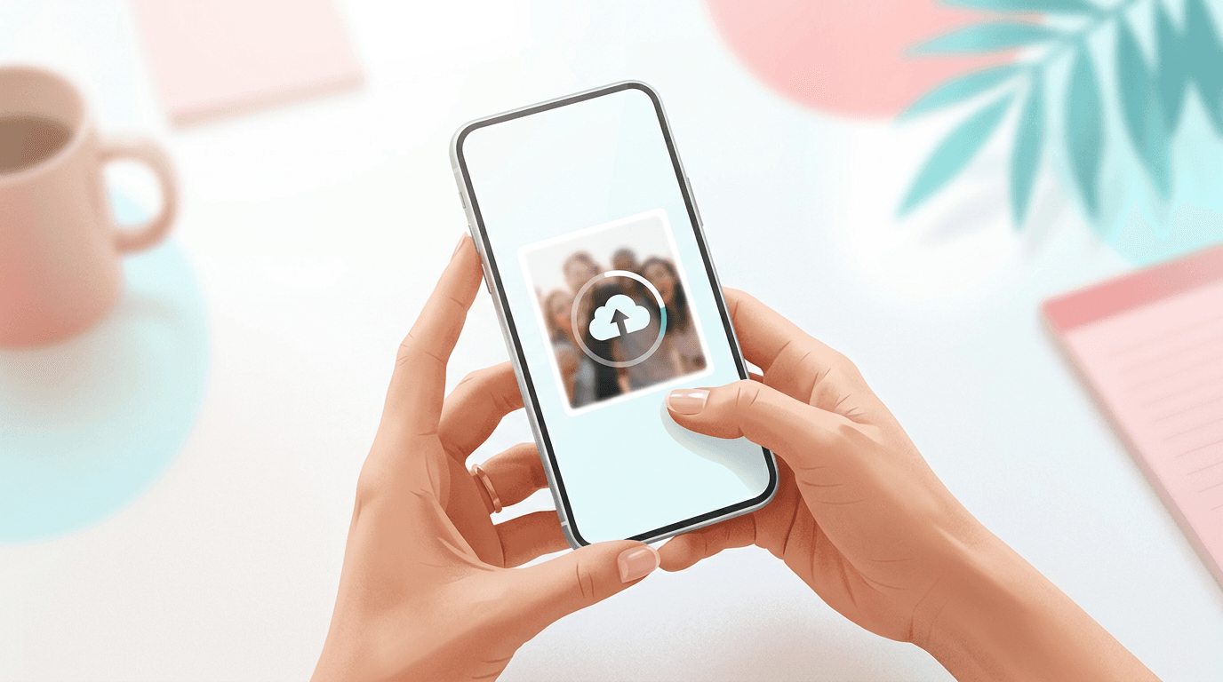 Hands on a phone choosing a photo to upload for a custom magnet