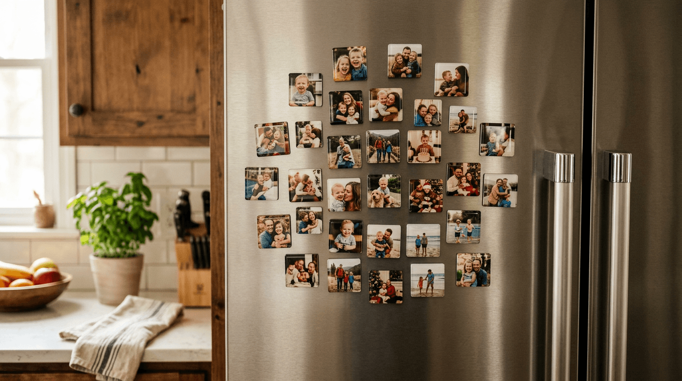 Family photo magnets on a fridge