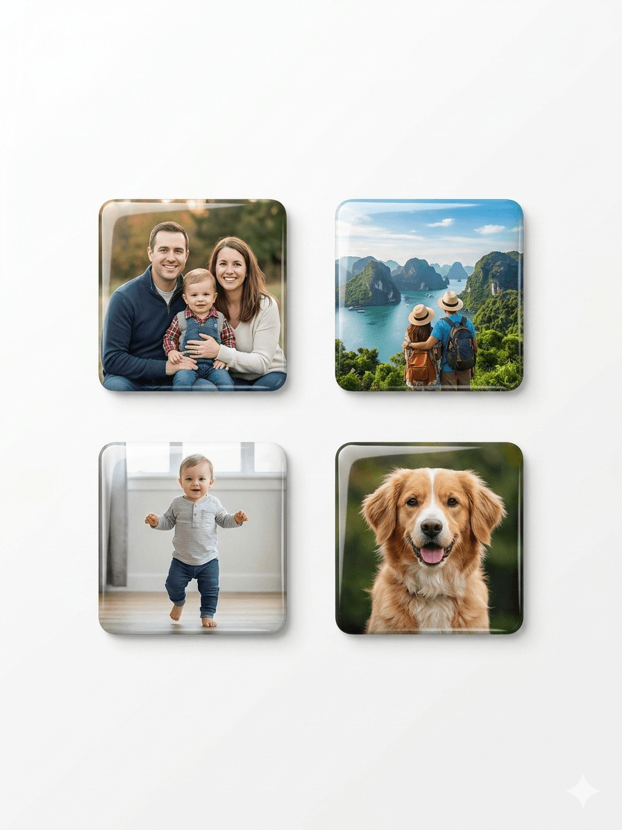Four square photo magnets in a white display stand
