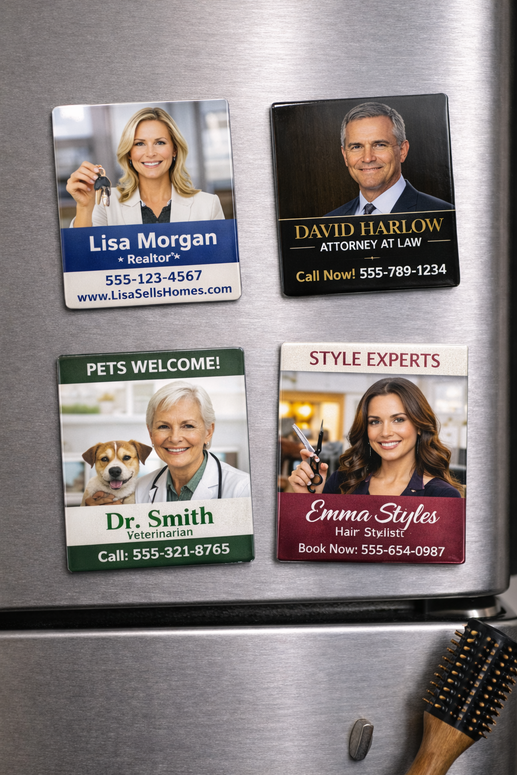 Business card style photo magnets on a refrigerator